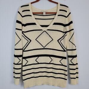 Banana Republic v-neck sweater sz M ivory black southwestern lightweight preppy